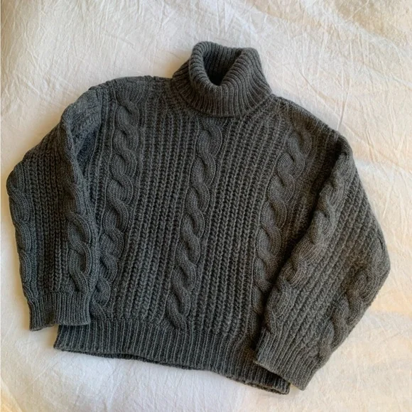 Doen Leighton Merino Wool Cable Knit Turtle Mock Neck Sweater Dark Grey - Picture 7 of 10